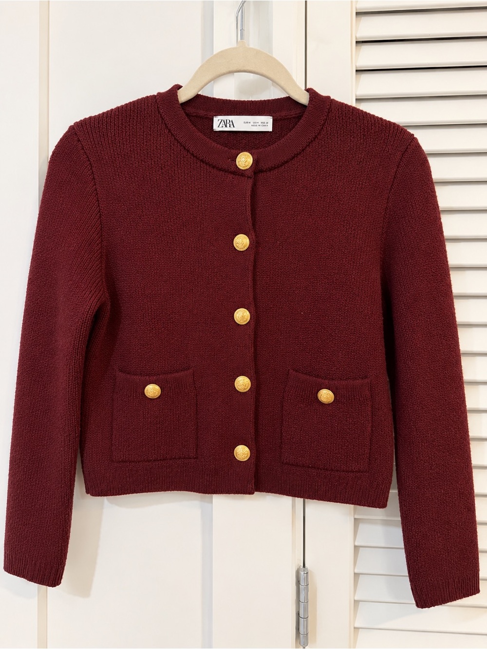 Zara Burgundy Knit Cardigan Blazer with Gold Buttons